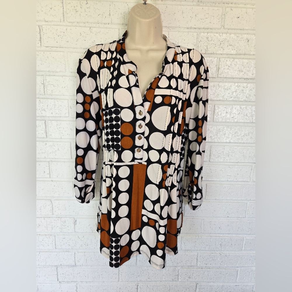 Women’s Geometric Print Tunic Top - Black, White & Brown